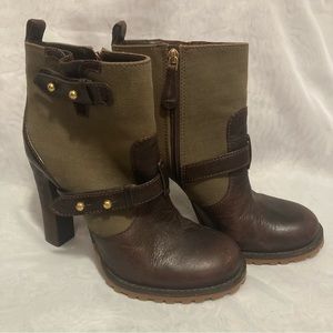 Tory Burch Leather and Canvas Heeled Boots